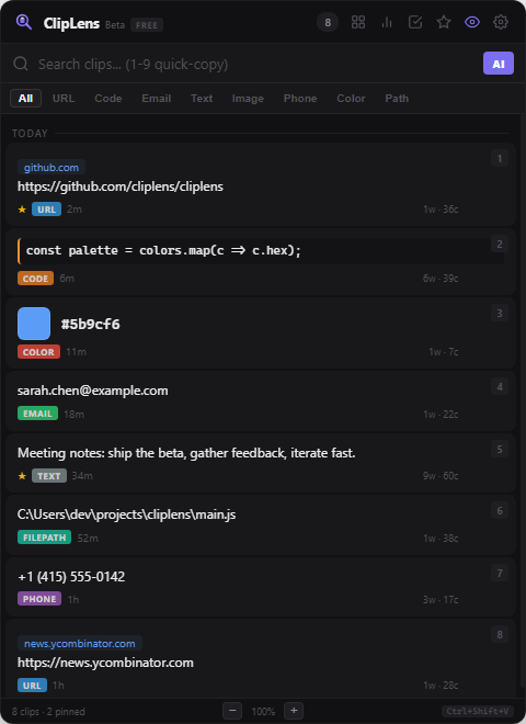ClipLens app showing clipboard history with auto-categorized URL, code, color and email clips
