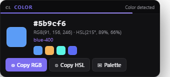 Clip Lens popup detecting a color and showing RGB, HSL and a palette